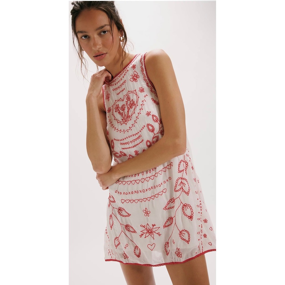 Free People XOXO Embroidered Mini Dress Womens Medium White Red Boho